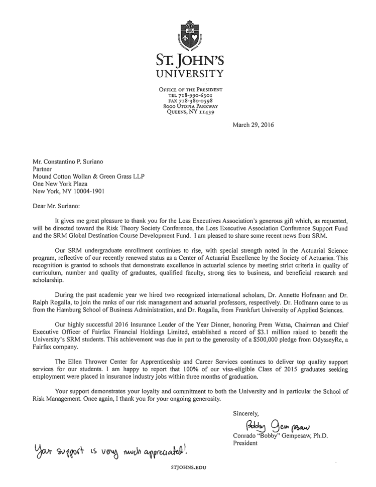 St. John University Thank You Note